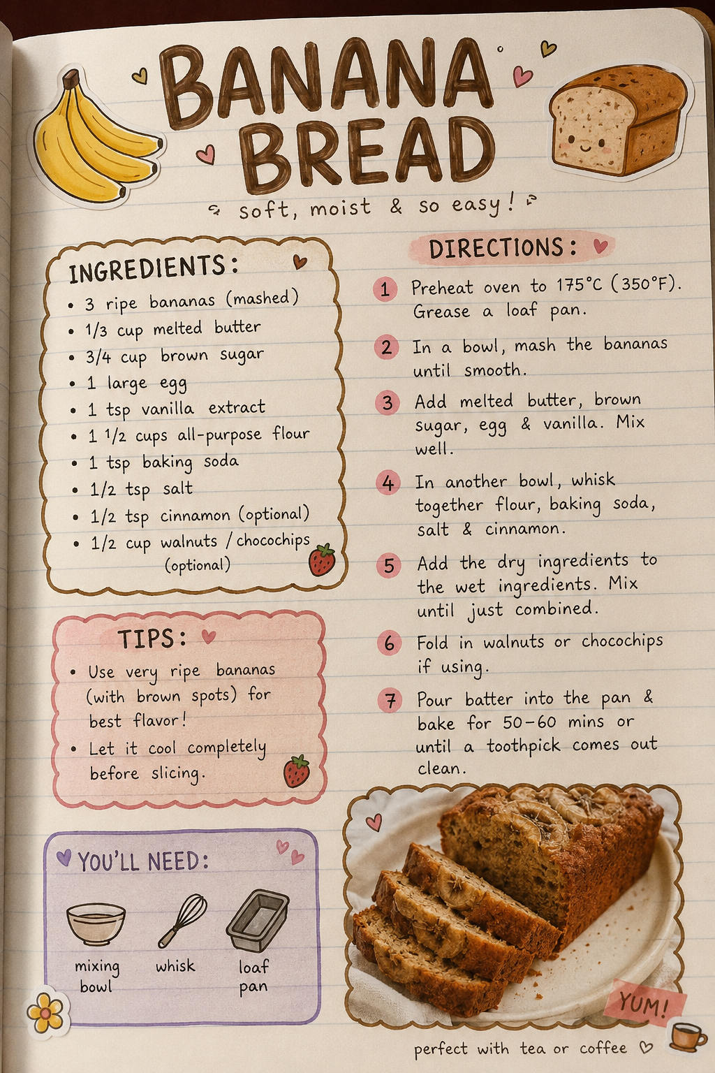 A hand-drawn recipe page for banana bread featuring ingredients, instructions, and a photo of a sliced loaf.