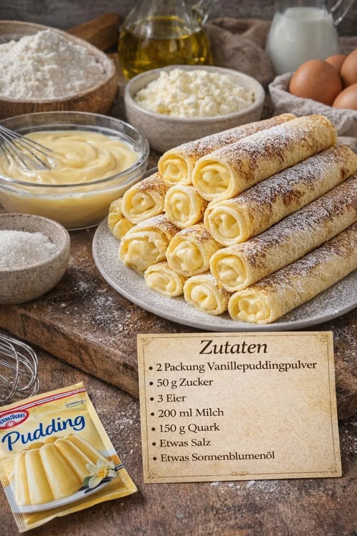 Ein Stapel aufgerollter Pfannkuchen mit Vanillecremefüllung, bestäubt mit Puderzucker, angerichtet auf einem Teller.