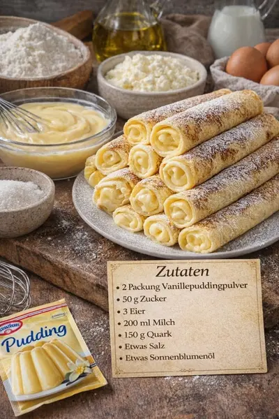 Ein Stapel aufgerollter Pfannkuchen mit Vanillecremefüllung, bestäubt mit Puderzucker, angerichtet auf einem Teller.