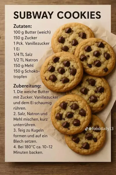 Ein Rezeptblatt für Subway Cookies liegt neben einem Stapel frisch gebackener Chocolate Chip Kekse auf Holz.