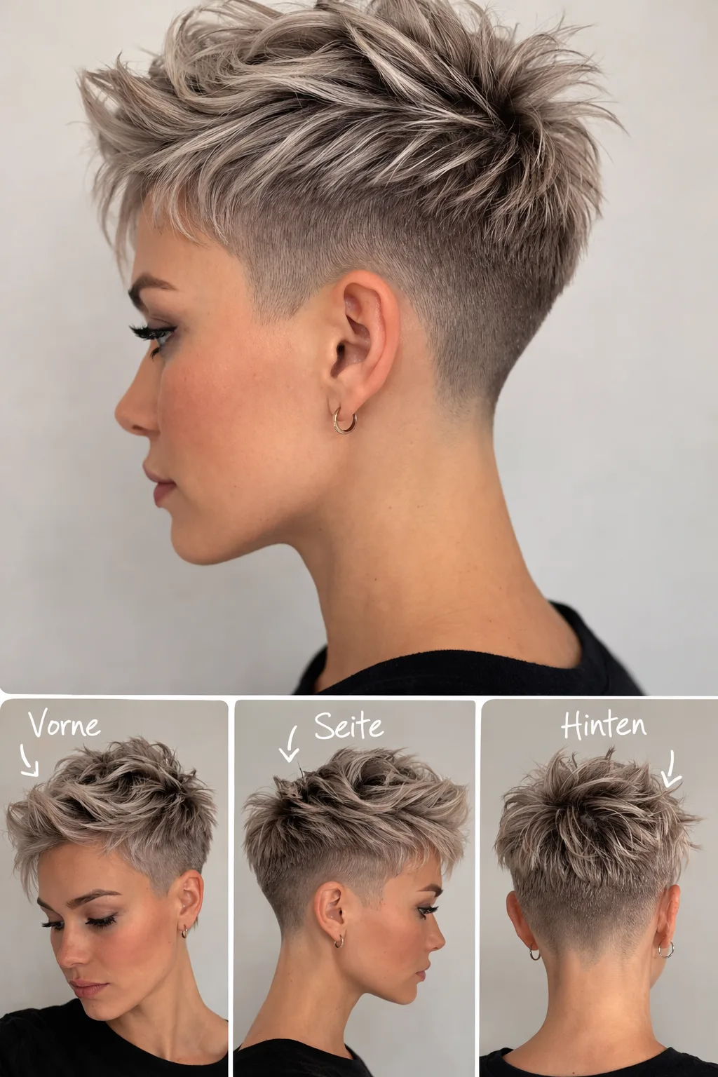 Eine Frau mit einem aschblonden, texturierten Pixie-Cut mit Undercut in verschiedenen Ansichten.