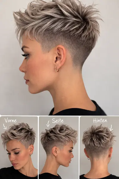Eine Frau mit einem aschblonden, texturierten Pixie-Cut mit Undercut in verschiedenen Ansichten.