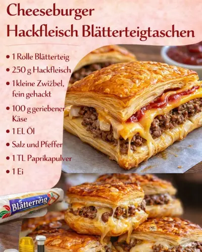 Mehrere goldbraun gebackene, quadratische Blätterteigtaschen gefüllt mit Hackfleisch und geschmolzenem Käse.
