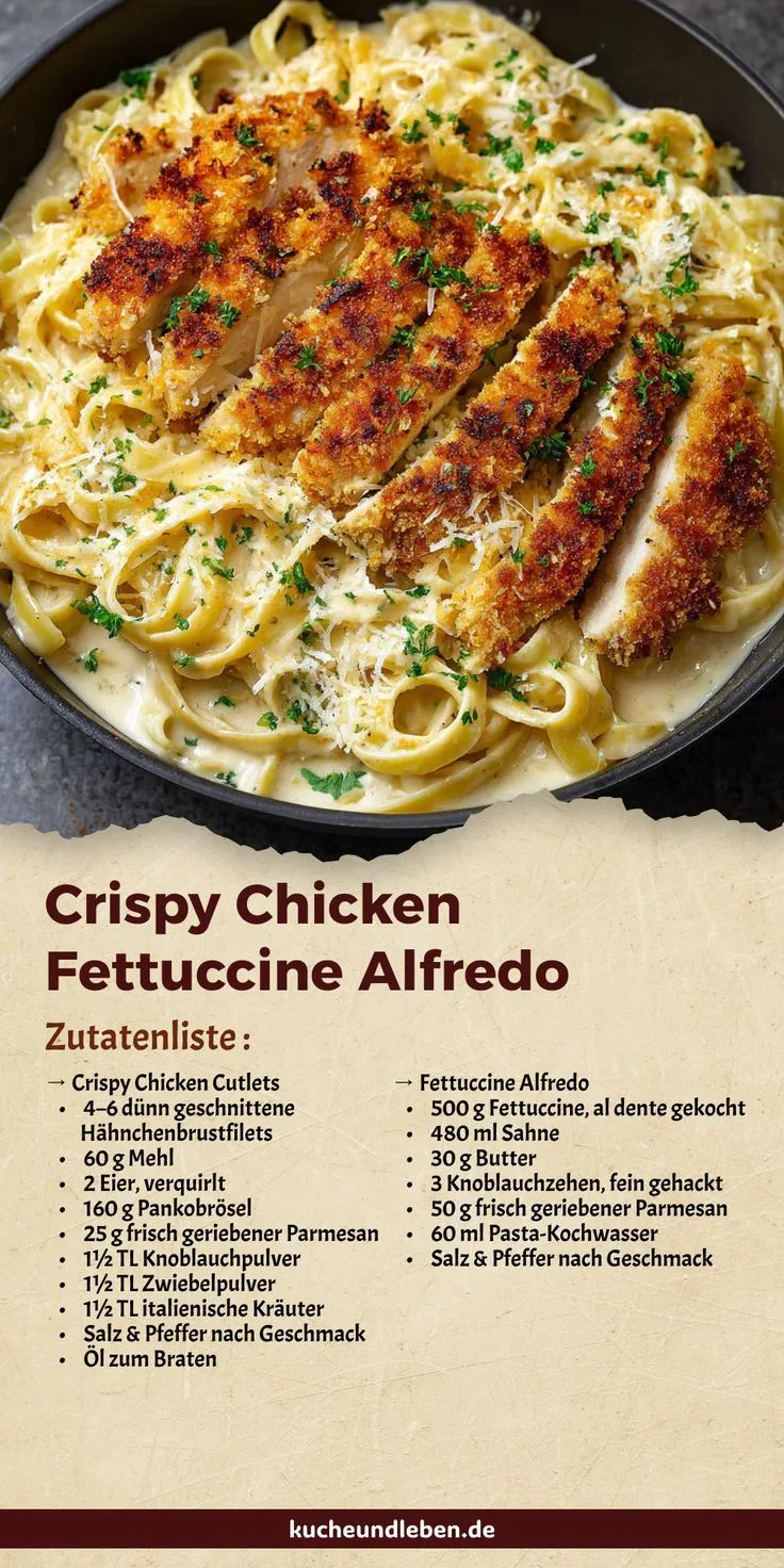 Eine Pfanne mit Fettuccine Alfredo, belegt mit knusprig panierten Hähnchenbruststreifen, Parmesan und Petersilie.
