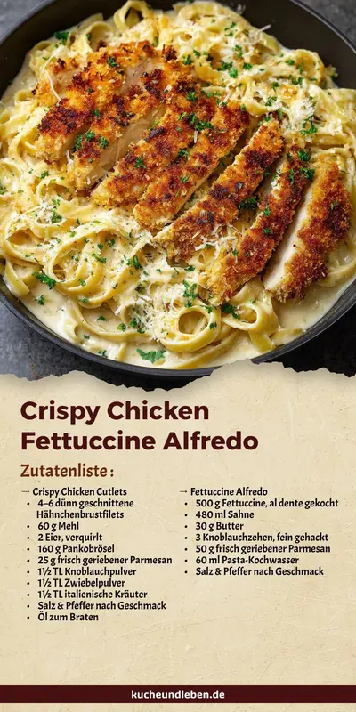 Eine Pfanne mit Fettuccine Alfredo, belegt mit knusprig panierten Hähnchenbruststreifen, Parmesan und Petersilie.