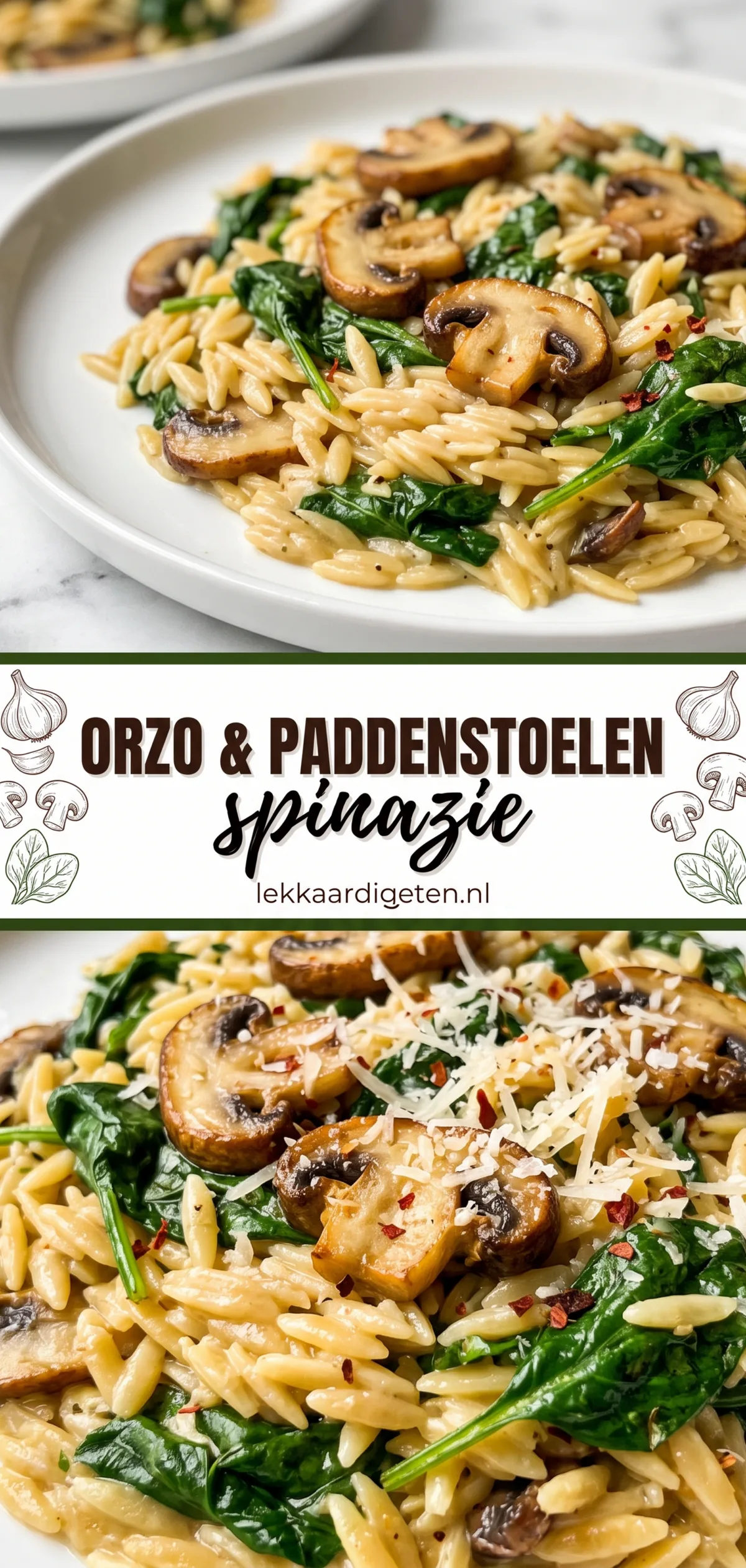 Ein Teller mit cremiger Orzo-Pasta, garniert mit gebratenen Champignons, frischem Spinat, Käse und Chiliflocken.