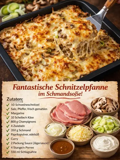 Eine Auflaufform mit überbackener Schnitzelpfanne, aus der ein Stück mit geschmolzenem Käse herausgehoben wird.