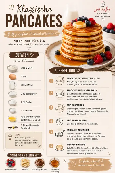 Ein Stapel goldbrauner Pancakes mit einem Stück Butter und Ahornsirup, serviert mit frischen Beeren.
