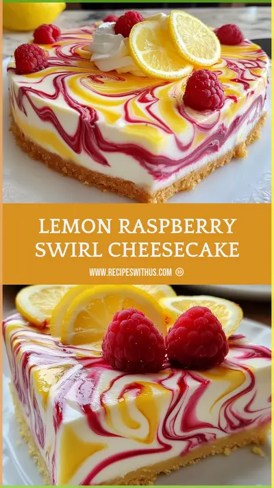 Ein quadratischer Cheesecake mit Keksboden, weißer Creme und rot-gelben Fruchtwirbeln, garniert mit Himbeeren.