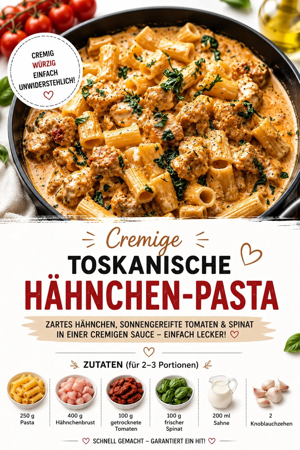 Eine Pfanne mit cremiger Pasta, Hähnchen, getrockneten Tomaten und Spinat, umgeben von den abgebildeten Zutaten.