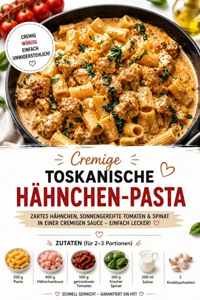 Eine Pfanne mit cremiger Pasta, Hähnchen, getrockneten Tomaten und Spinat, umgeben von den abgebildeten Zutaten.