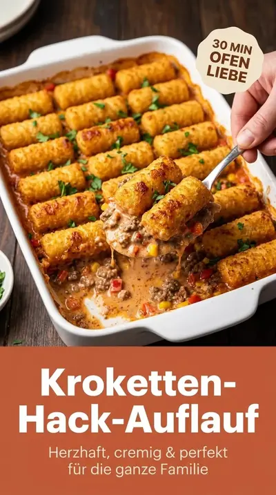 Eine weiße Auflaufform mit Hackfleisch-Mais-Soße und einer goldbraunen Kruste aus Kroketten.