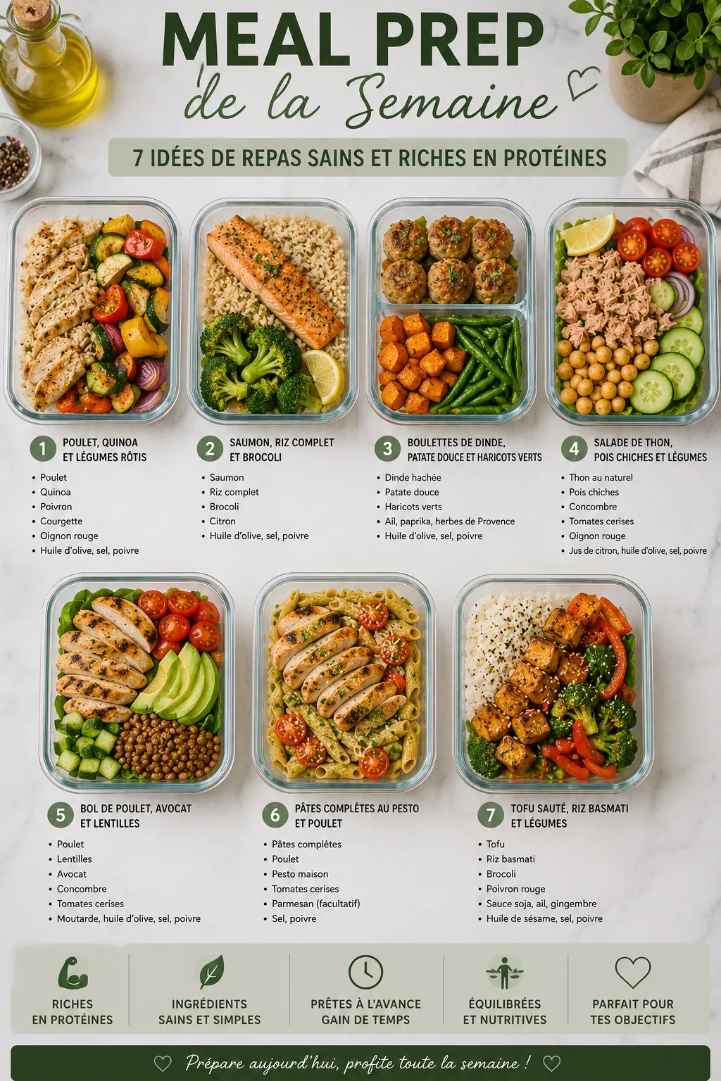 Sieben verschiedene Meal-Prep-Gerichte in Glasbehältern, die verschiedene gesunde Proteine und Gemüse zeigen.