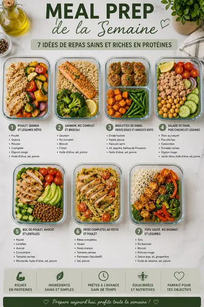 Sieben verschiedene Meal-Prep-Gerichte in Glasbehältern, die verschiedene gesunde Proteine und Gemüse zeigen.