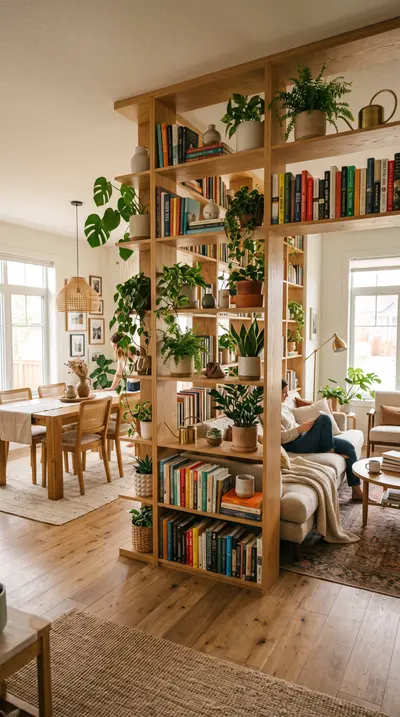 Ein hohes Holzregal trennt Ess- und Wohnbereich und ist mit vielen Pflanzen und Büchern bestückt.