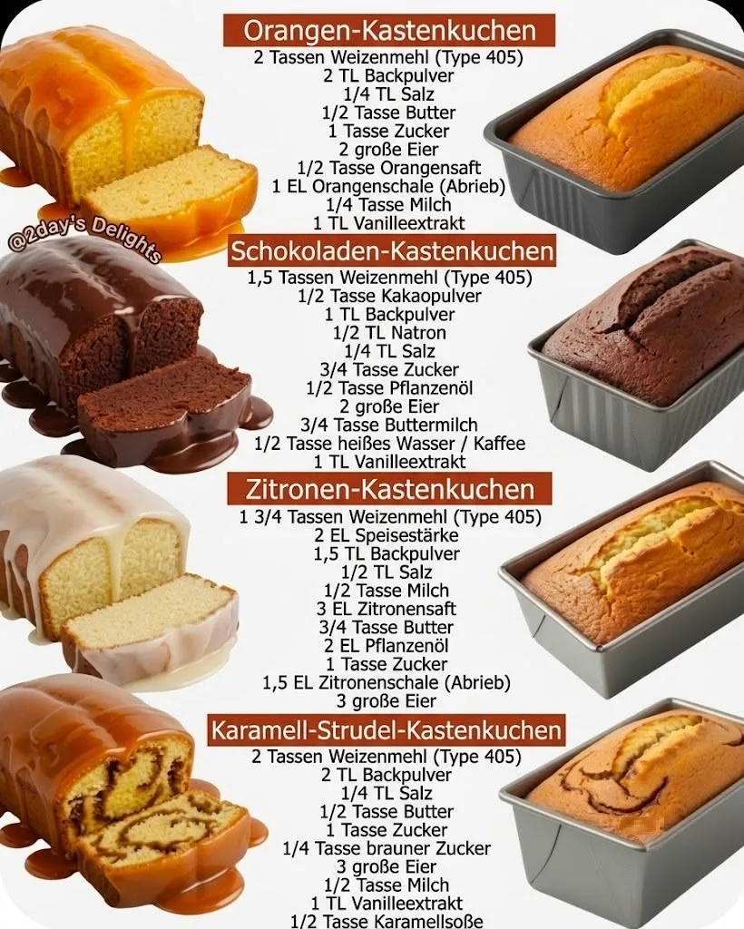Vier verschiedene Kasten-Rührkuchen mit passender Glasur und ihren entsprechenden Zutatenlisten in einer Collage.