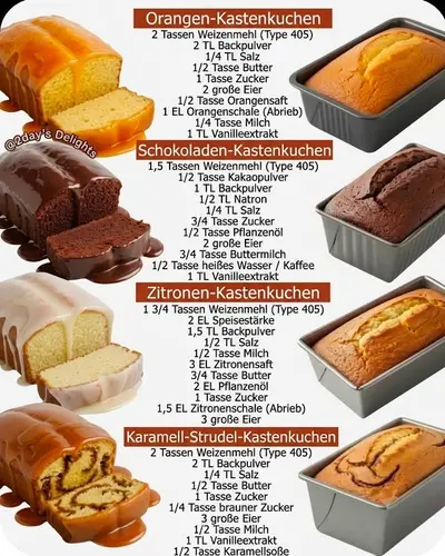Vier verschiedene Kasten-Rührkuchen mit passender Glasur und ihren entsprechenden Zutatenlisten in einer Collage.
