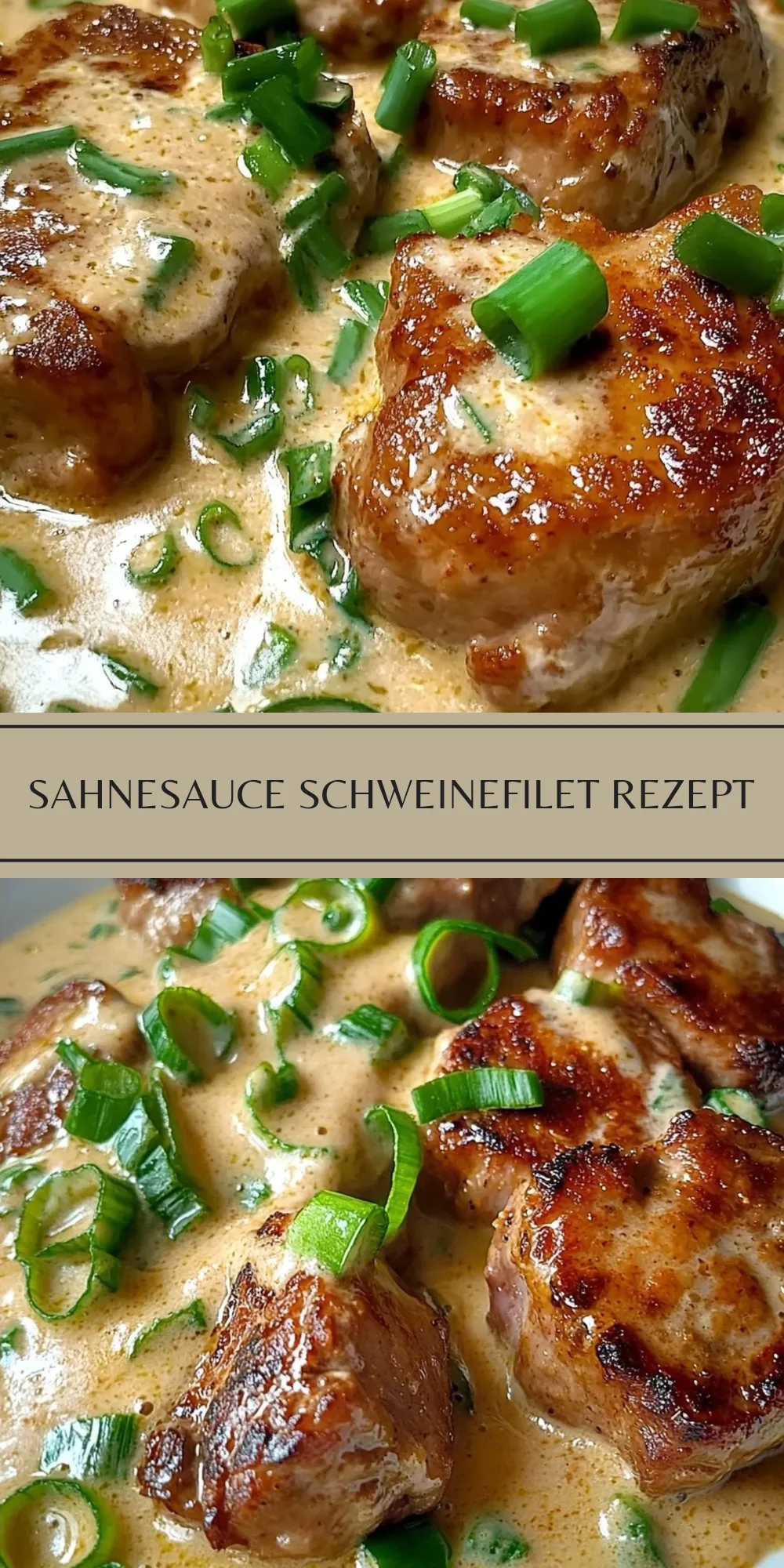 Gebratene Schweinefilet-Medaillons liegen in einer cremigen, hellbraunen Sahnesauce mit frischen Frühlingszwiebeln.