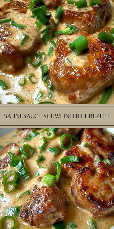 Gebratene Schweinefilet-Medaillons liegen in einer cremigen, hellbraunen Sahnesauce mit frischen Frühlingszwiebeln.