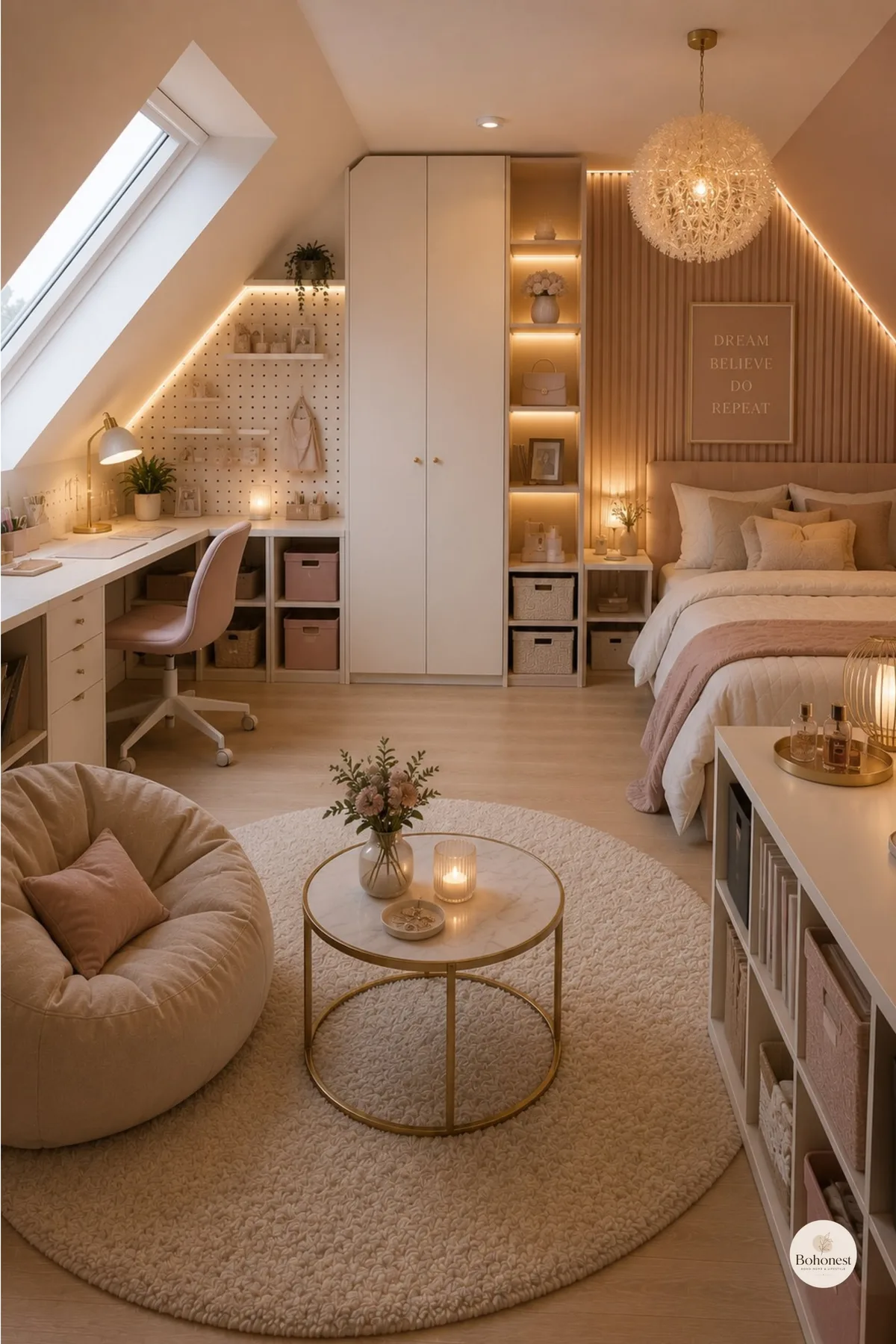 Ein hell eingerichtetes Jugendzimmer unter einer Dachschräge mit integriertem Arbeitsbereich und gemütlicher Lounge.