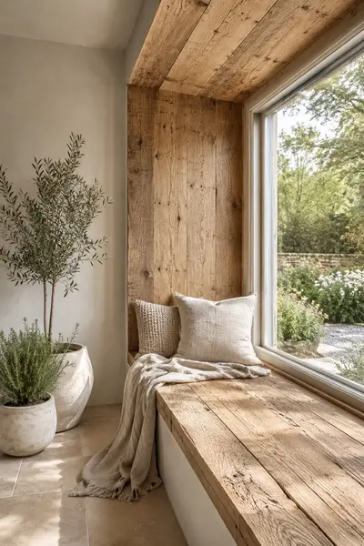 Eine helle Fensternische aus rustikalem Holz mit Kissen und einem Olivenbaum in einem Steinguttopf daneben.