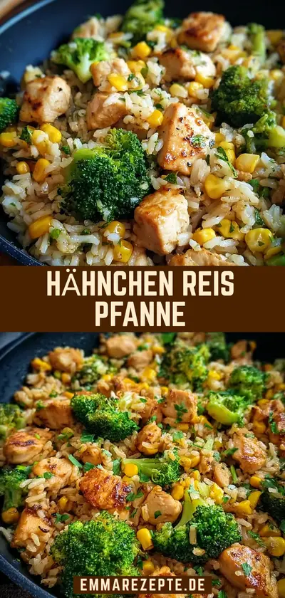 Eine Pfanne gefüllt mit gebratenem Reis, saftigen Hähnchenstücken, grünem Brokkoli und gelben Maiskörnern.