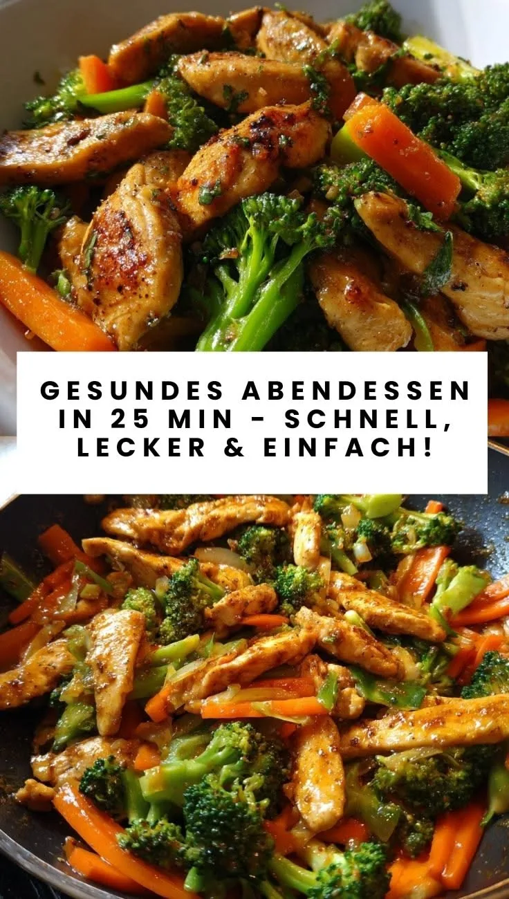 Eine Pfanne mit gebratenen Hähnchenstreifen, Brokkoliröschen und Karottenstiften in einer glänzenden Soße.