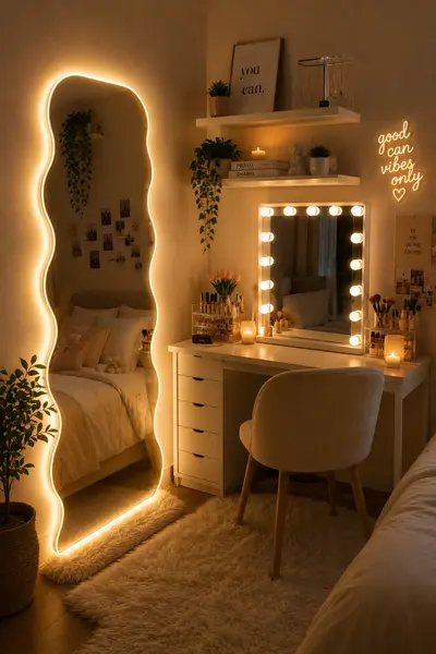 Ein gemütliches Schlafzimmer mit einem großen LED-Wellenspiegel, einem Schminktisch und dekorativen Pflanzen.
