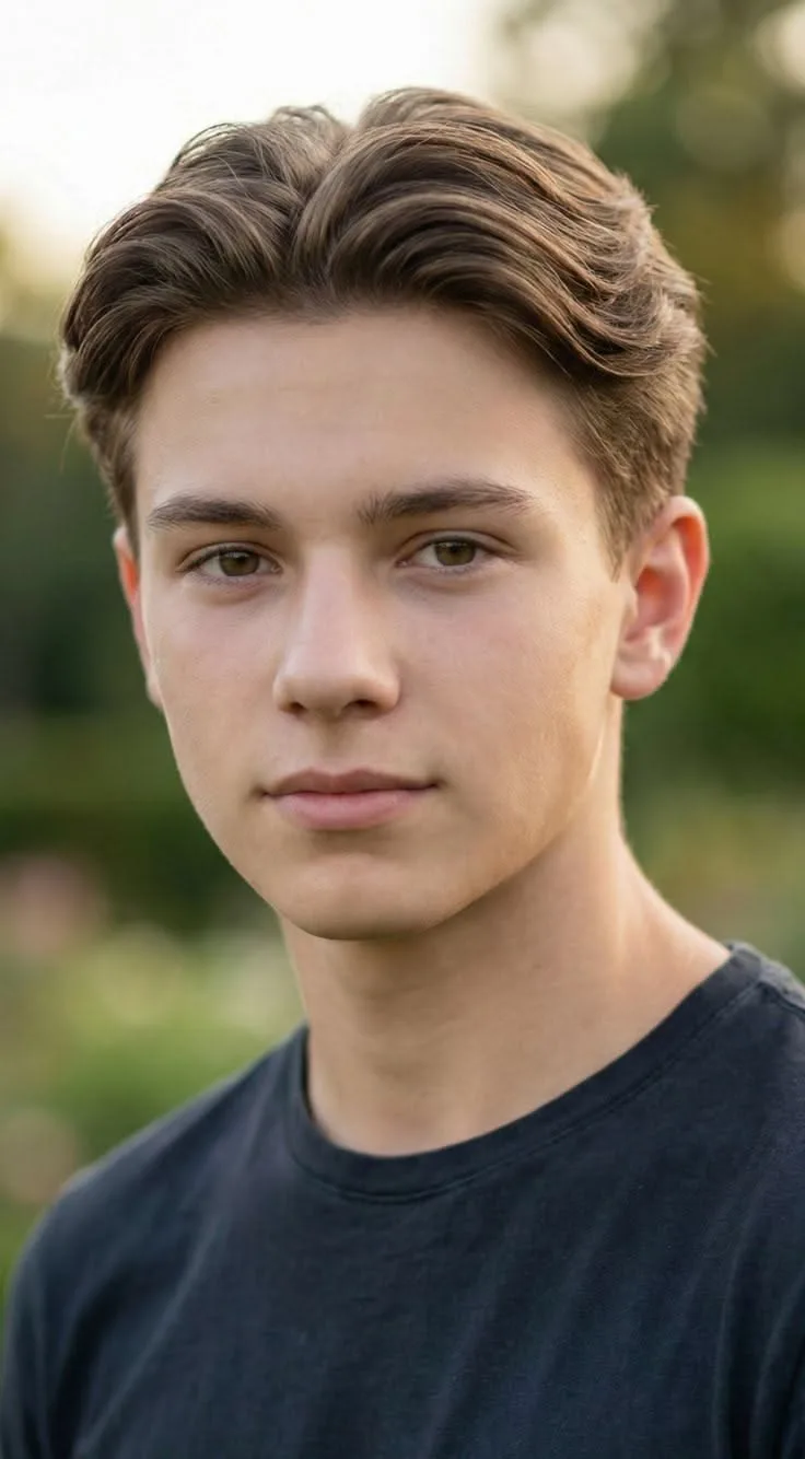 Ein junger Mann mit braunem Haar, das zu einem natürlichen Mittelscheitel mit Volumen gestylt ist.