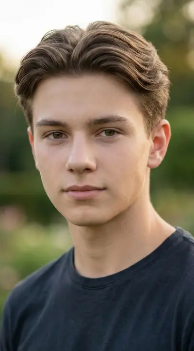 Ein junger Mann mit braunem Haar, das zu einem natürlichen Mittelscheitel mit Volumen gestylt ist.