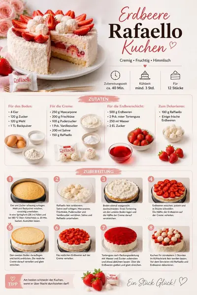 Eine aufgeschnittene Erdbeer-Raffaello-Torte auf einem weißen Teller, dekoriert mit frischen Erdbeeren und Raffaello.