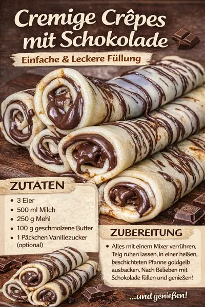 Mehrere gerollte Crêpes gefüllt mit dunkler Schokoladencreme und verziert mit Schokoladenstreifen auf einem Holzbrett.