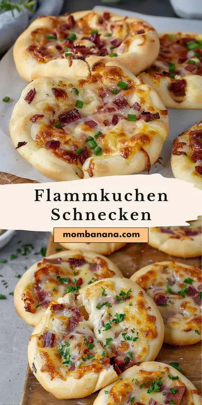 Mehrere goldbraun gebackene Flammkuchen-Schnecken mit Speck und frischen Kräutern liegen auf einem Holzbrett.