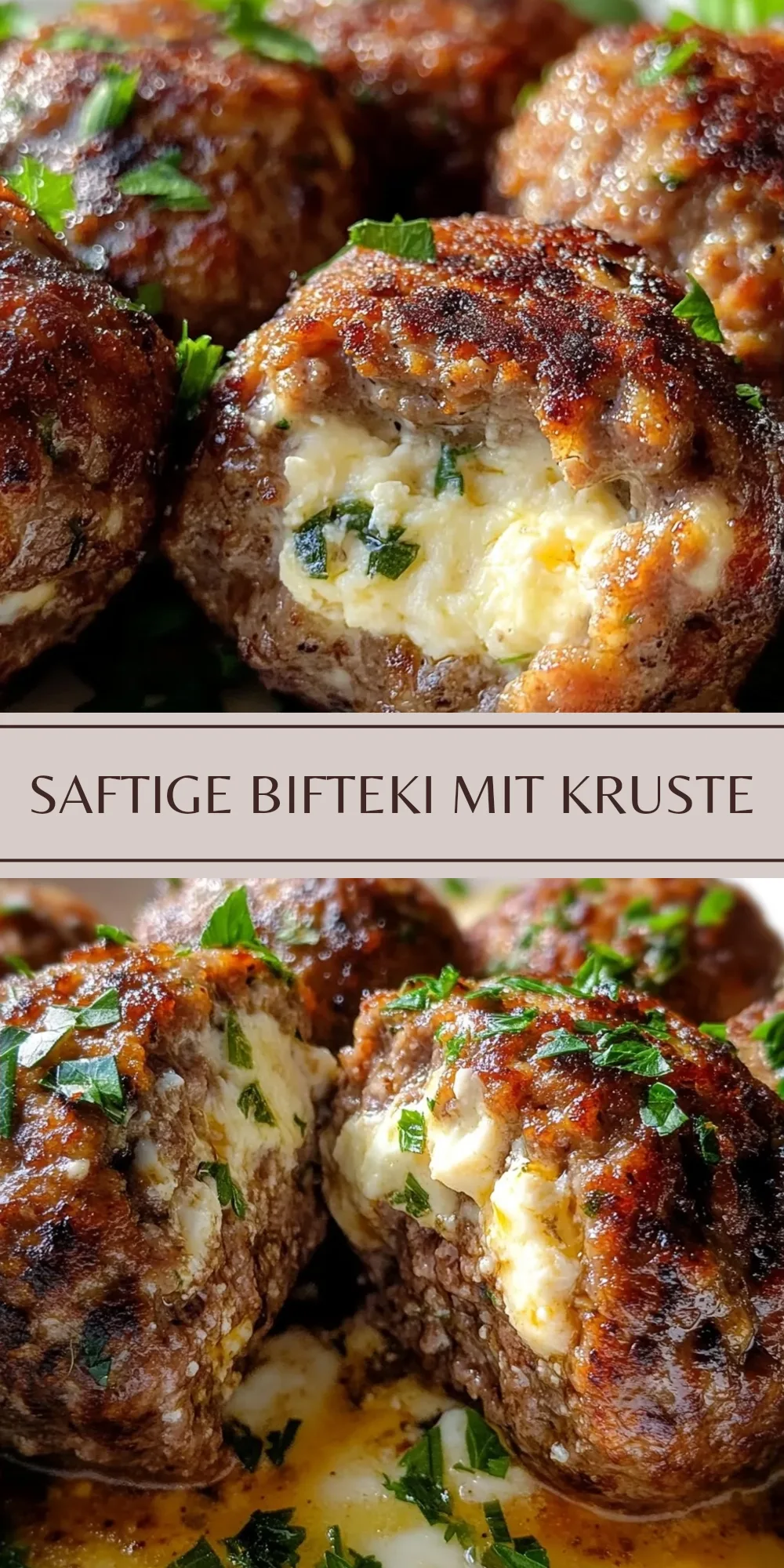 Zwei aufgeschnittene Bifteki mit einer Füllung aus geschmolzenem Feta und garniert mit frischer Petersilie.
