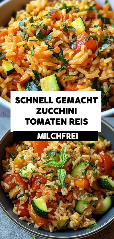 Zwei Nahaufnahmen einer Reispfanne mit Zucchini, Tomaten und Kräutern in einer dunklen Schale.