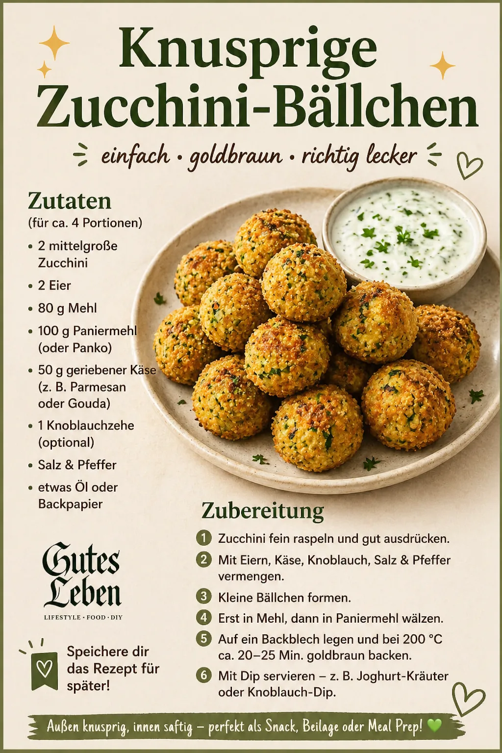 Ein Teller mit frisch gebackenen, goldbraunen Zucchini-Bällchen neben einem Schälchen mit weißem Kräuter-Dip.