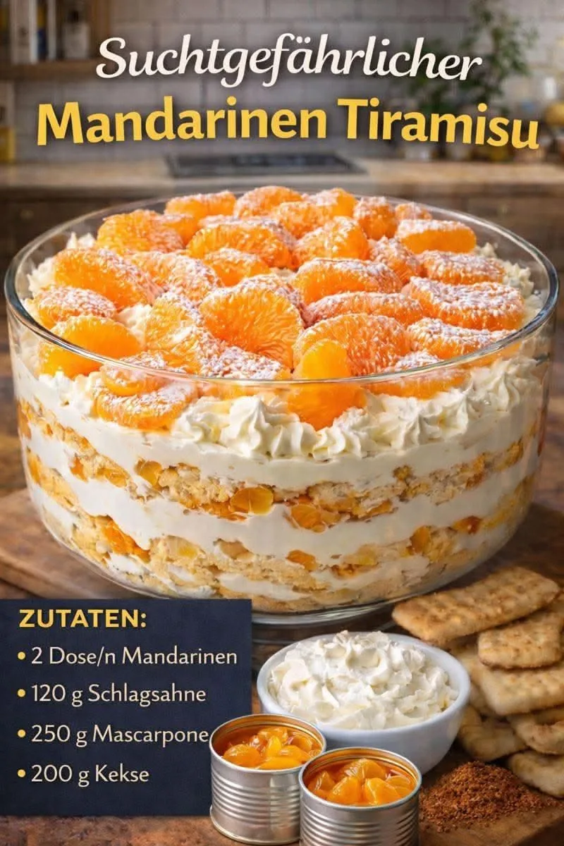 Eine Glasschüssel geschichtet mit Mandarinen, Creme und Keksen, garniert mit frischen Mandarinenstücken.