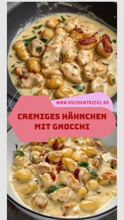 Eine Pfanne mit goldbraun gebratenen Hähnchenstücken und Gnocchi in einer hellen, cremigen Soße mit grünen Kräutern.