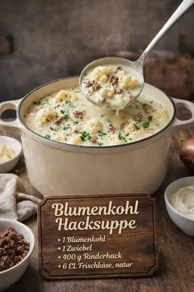 Ein gusseiserner Topf mit Blumenkohl-Hacksuppe steht auf einem Holztisch, daneben liegen die Zutaten bereit.