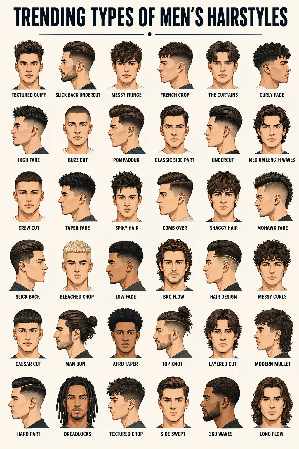 Eine grafische Übersicht von 36 verschiedenen Männerfrisuren, dargestellt in illustrierten Kopfansichten.