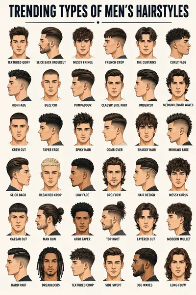 Eine grafische Übersicht von 36 verschiedenen Männerfrisuren, dargestellt in illustrierten Kopfansichten.