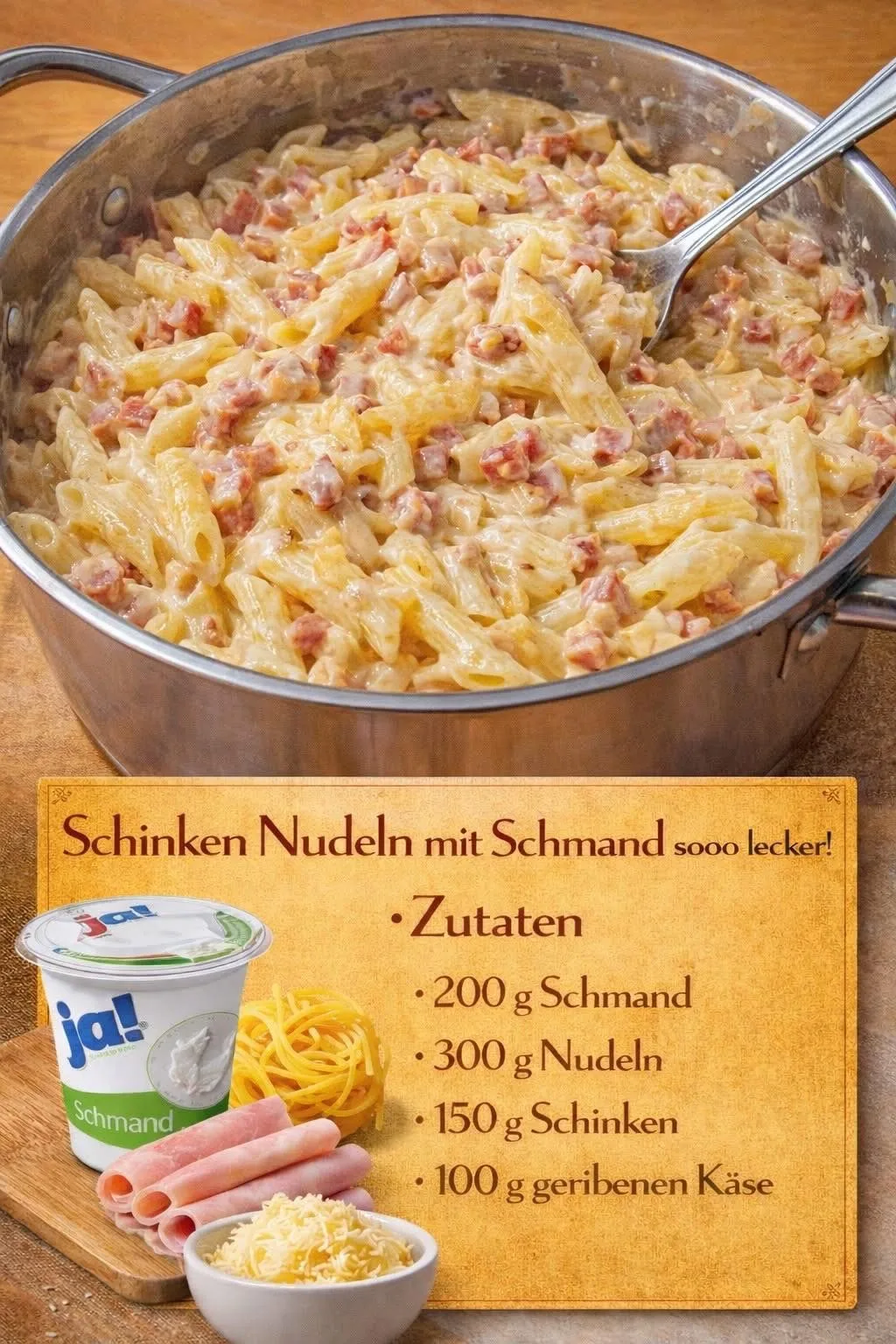 Ein großer Topf gefüllt mit cremigen Penne-Nudeln, Schinkenwürfeln und einer hellen Soße.