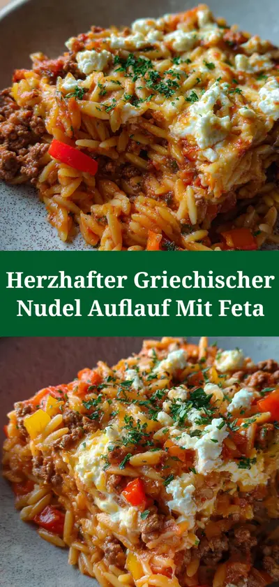 Ein griechischer Kritharaki-Auflauf mit Hackfleisch, Paprika, Tomatensoße und Feta auf einem grauen Teller.
