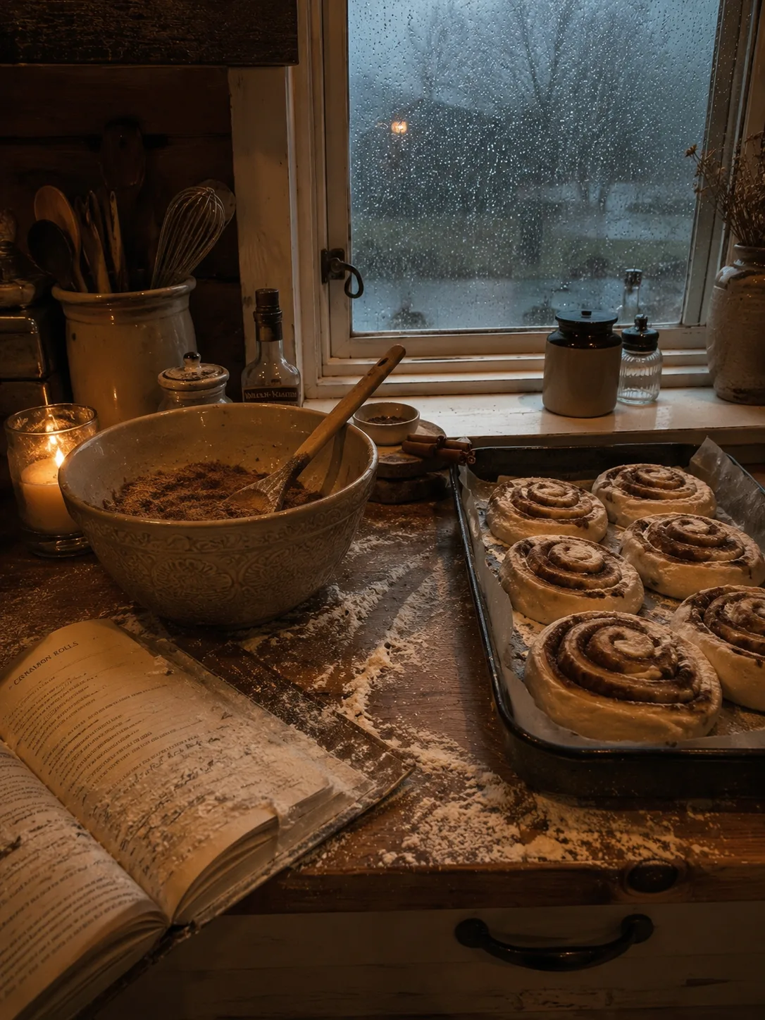 Eine rustikale Holzküche an einem regnerischen Tag mit vorbereiteten Zimtschnecken auf einem Backblech.