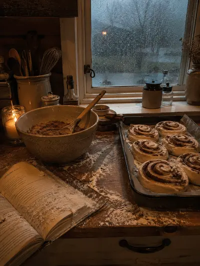Eine rustikale Holzküche an einem regnerischen Tag mit vorbereiteten Zimtschnecken auf einem Backblech.