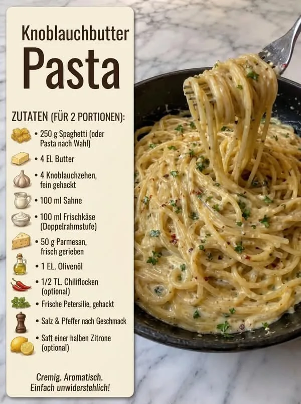 Eine Gabel hebt cremige Spaghetti aus einer dunklen Pfanne, bestreut mit frischer Petersilie und Chiliflocken.