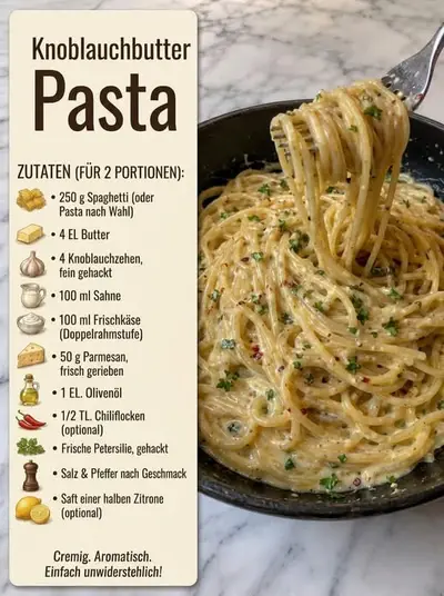 Eine Gabel hebt cremige Spaghetti aus einer dunklen Pfanne, bestreut mit frischer Petersilie und Chiliflocken.