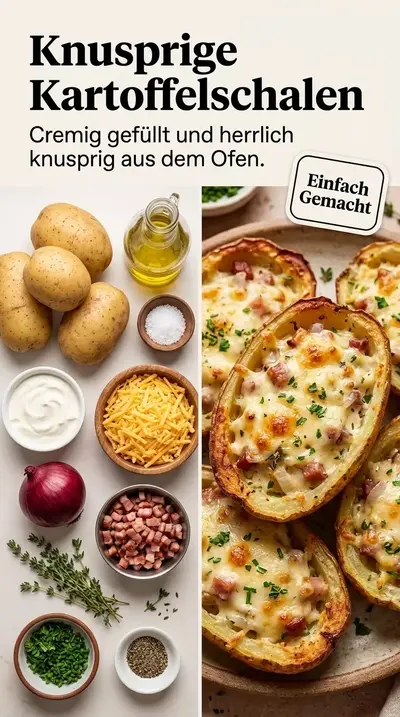 Eine Collage zeigt links die frischen Zutaten wie Kartoffeln, Speck und Käse und rechts fertige, überbackene Kartoffelhälften.