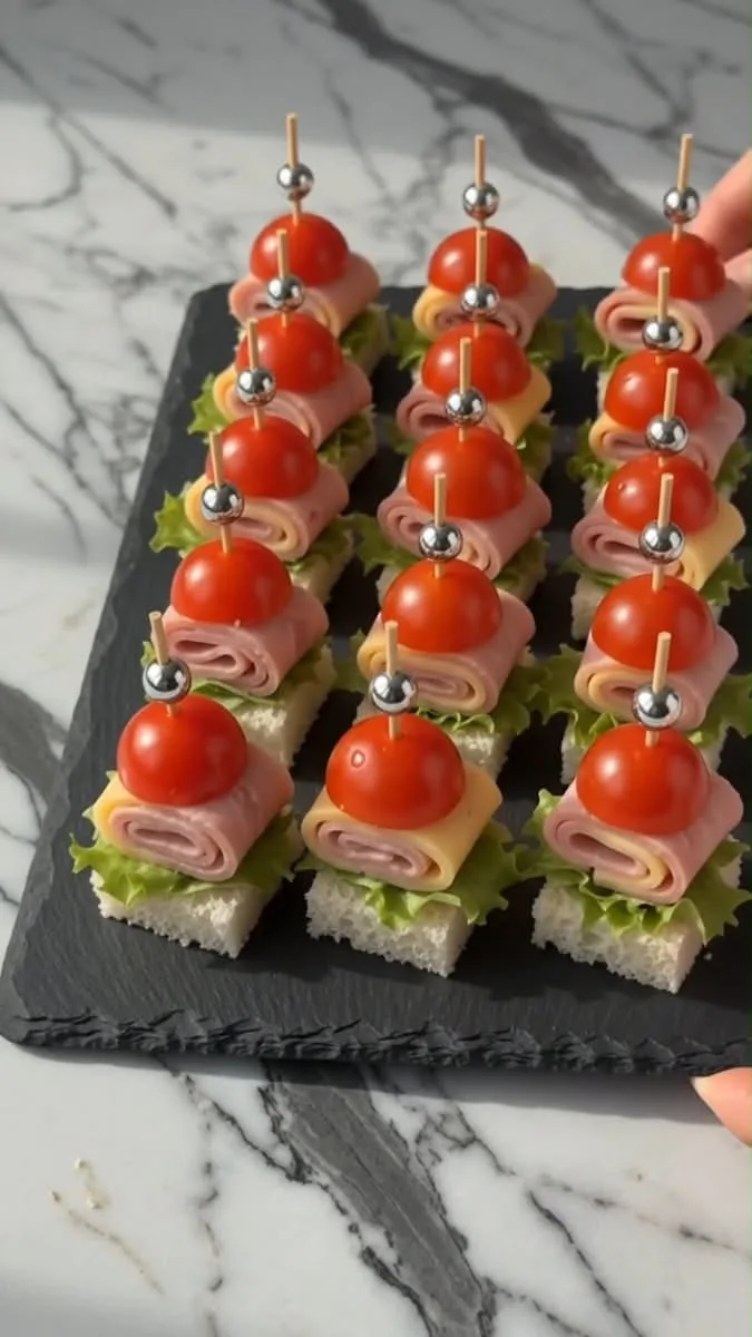 Eine schwarze Schieferplatte mit 15 dekorativen Mini-Sandwich-Spießen, bestehend aus Toast, Salat, Schinken und Tomate.