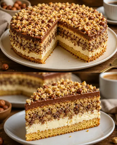 Ein Stück Schokoladen-Haselnuss-Torte auf einem Teller mit sichtbaren Schichten aus Boden, Creme, Nüssen und Schokolade.